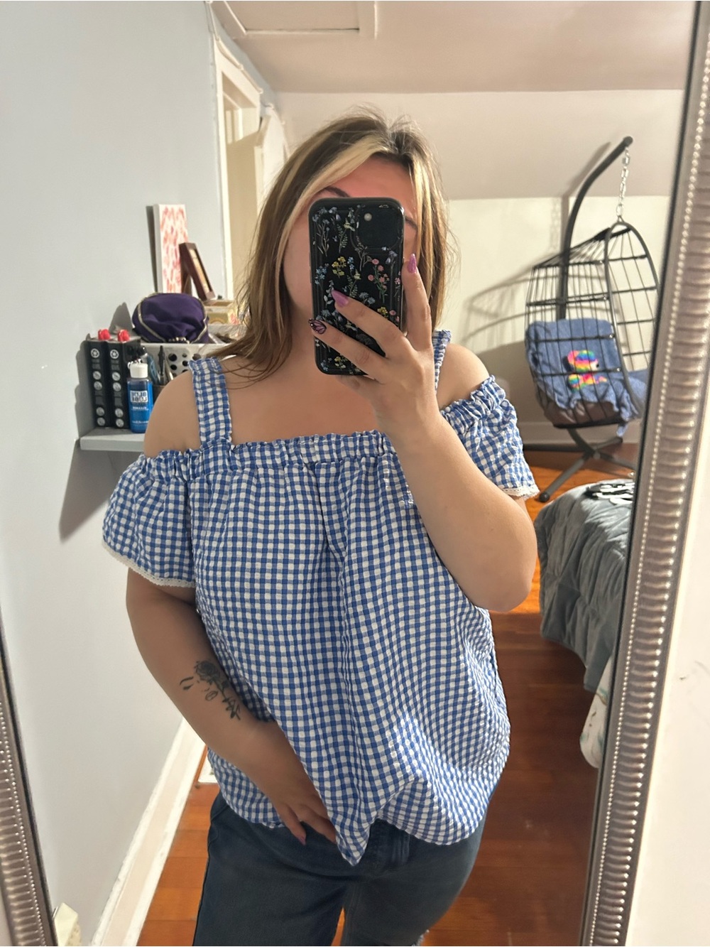 A. Byer Blue and White Gingham Off-Shoulder Tank Top - Picture 2 of 2